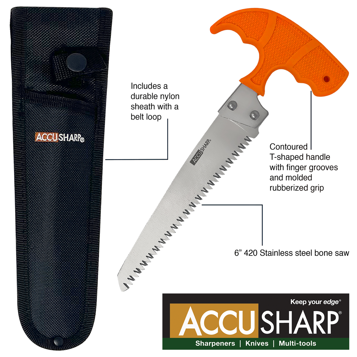 Accusharp 730C Bone Saw Fixed 6" Serrated 420 Stainless Steel Blaze Orange Handle — view 3
