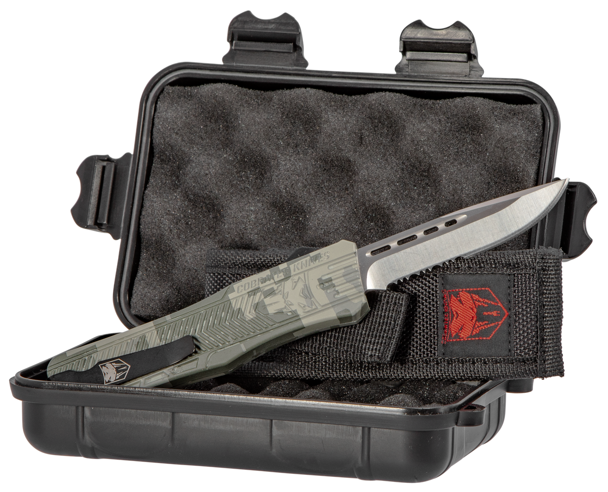 CobraTec Knives CTK-1 Medium 3" OTF Drop Point Part Serrated D2 Steel Army DigiCamo Aluminum Handle — view 3