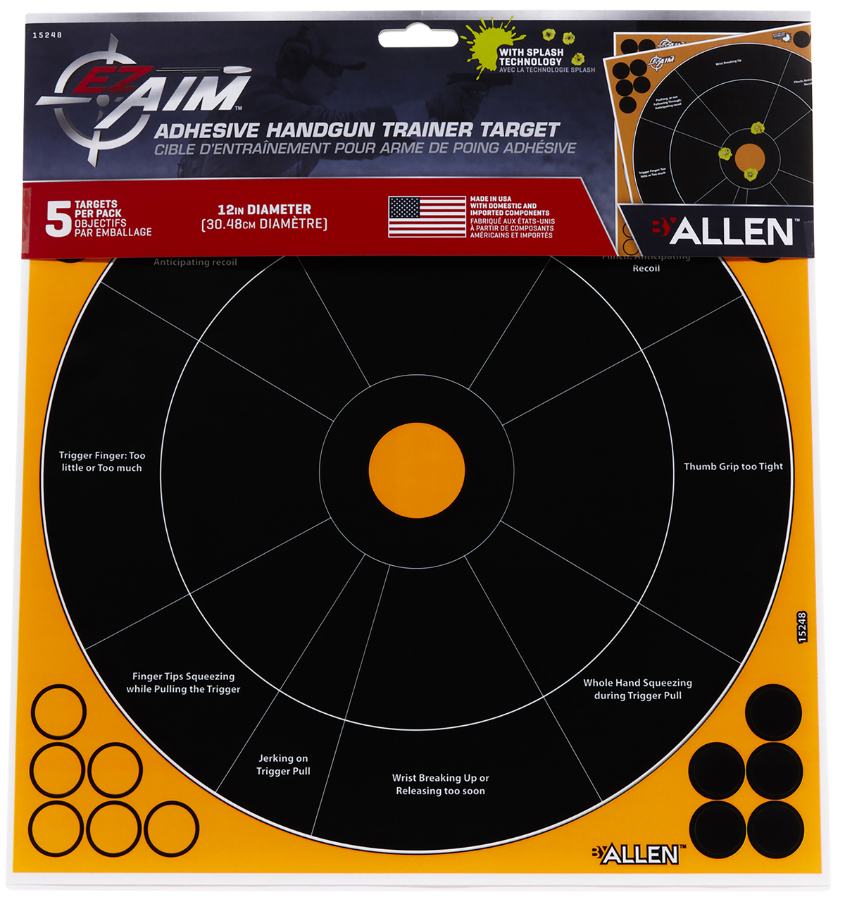 EZ-Aim 15248 Splash Reactive Self-Adhesive Paper Bullseye Target 12" Black/Orange - 5 Pack — view 3