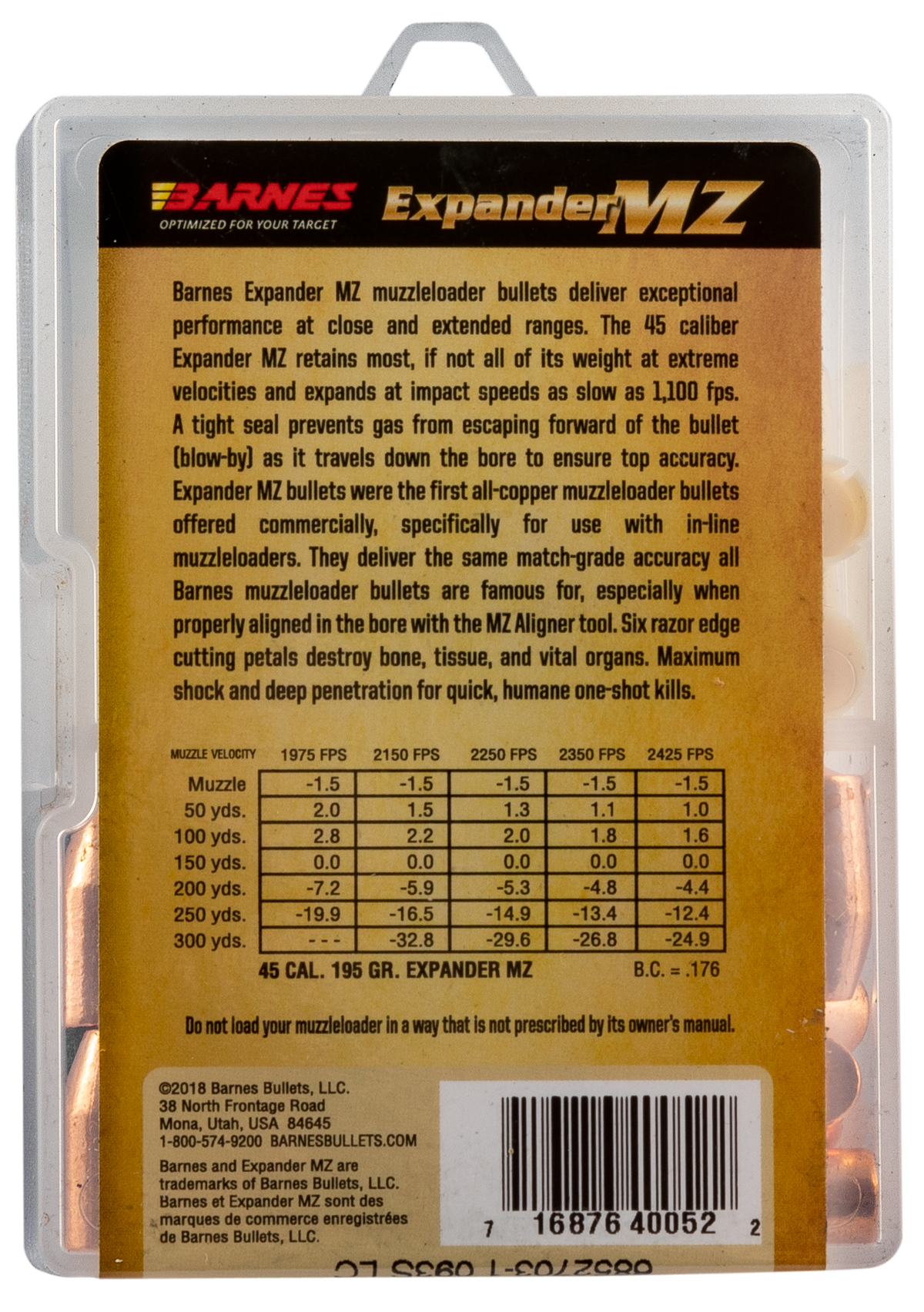 Barnes Bullets 30509 Expander MZ Muzzleloader 45 Cal 195gr Hollow Point 24/Box — view 3