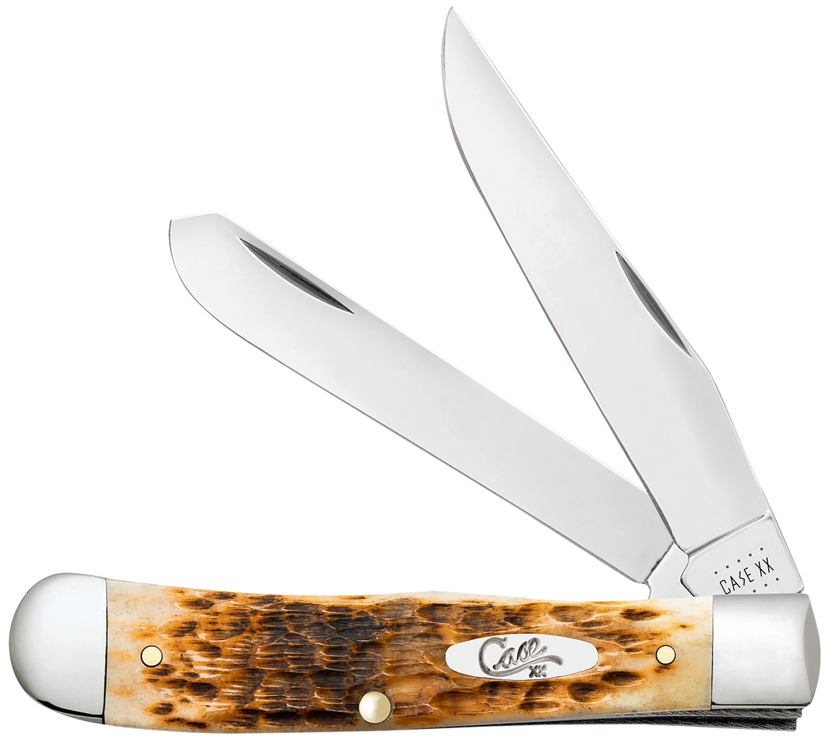 Case Trapper 3.25"/3.27" Folding Clip Point/Spey Plain Mirror Polished Tru-Sharp SS - Peach Seed Jigged Amber Bone Handle — view 3