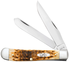 Case Trapper 3.25"/3.27" Folding Clip Point/Spey Plain Mirror Polished Tru-Sharp SS - Peach Seed Jigged Amber Bone Handle — view 3