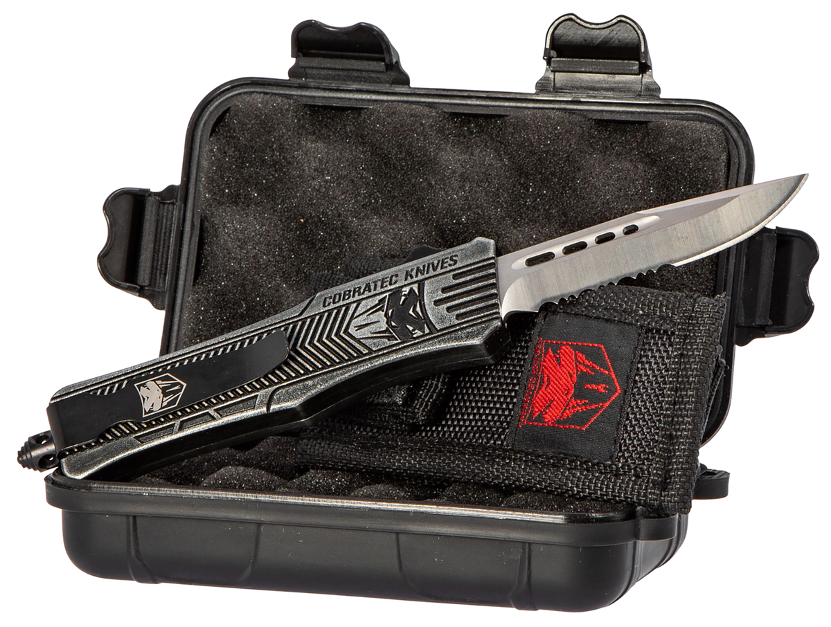 CobraTec Knives CTK-1 Small 2.75" OTF Drop Point Part Serrated D2 Steel Blade Black Stonewashed Aluminum Handle — view 3