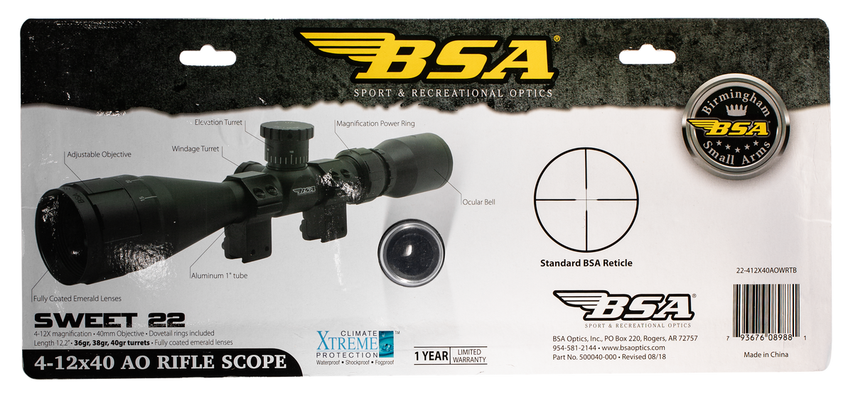BSA Sweet 22 4-12x 40mm AO 1" Tube 30/30 Duplex Reticle Riflescope - Matte Black — view 3