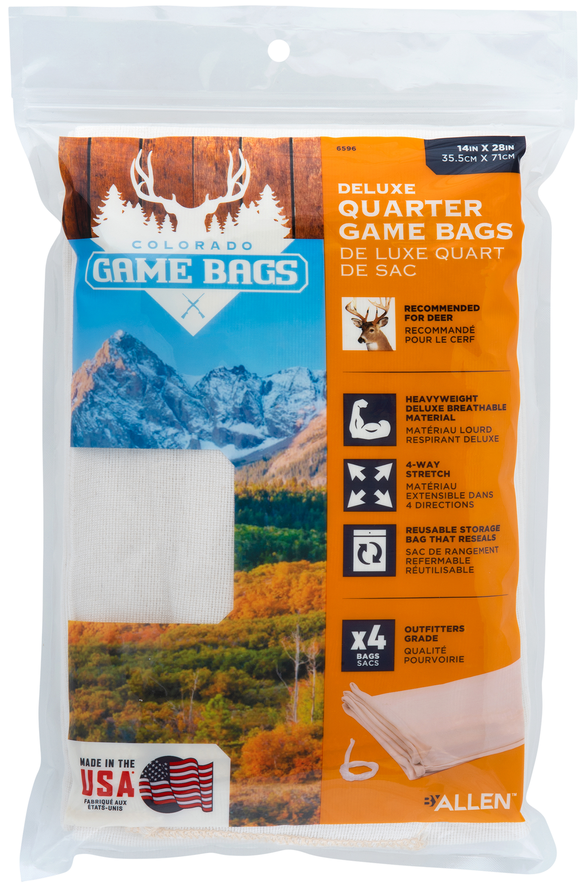 Allen 6596 Colorado Deluxe Deer Quarter Game Bags Natural Poly Cotton Blend 4-Pack — view 3