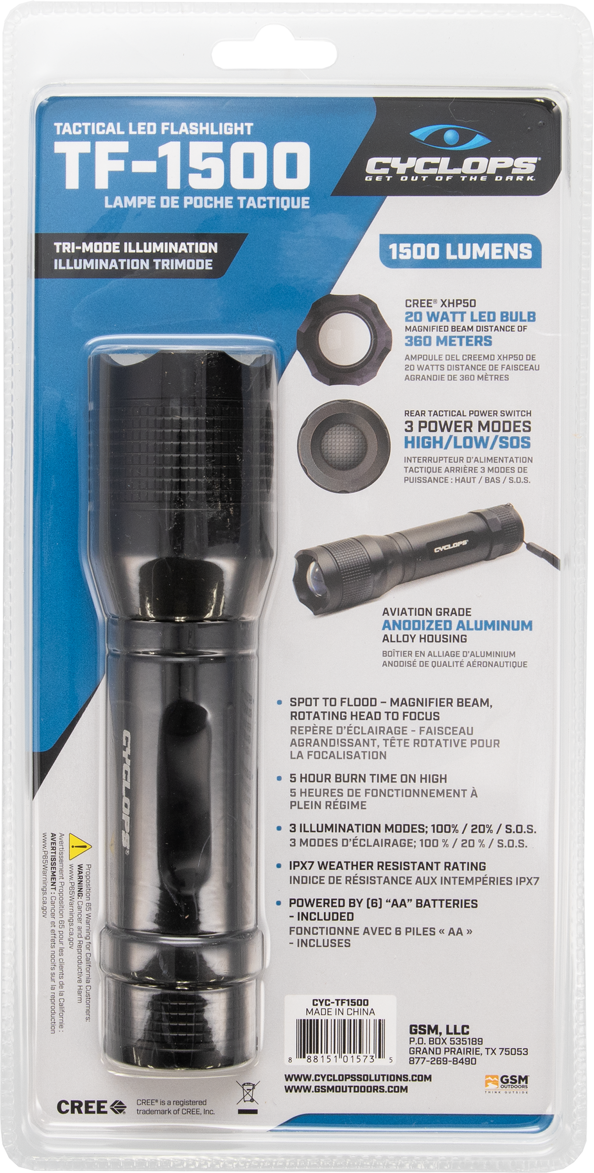 Cyclops TF1500 Tactical 1500 Lumen Cree LED IPX7 Black Anodized Flashlight — view 3
