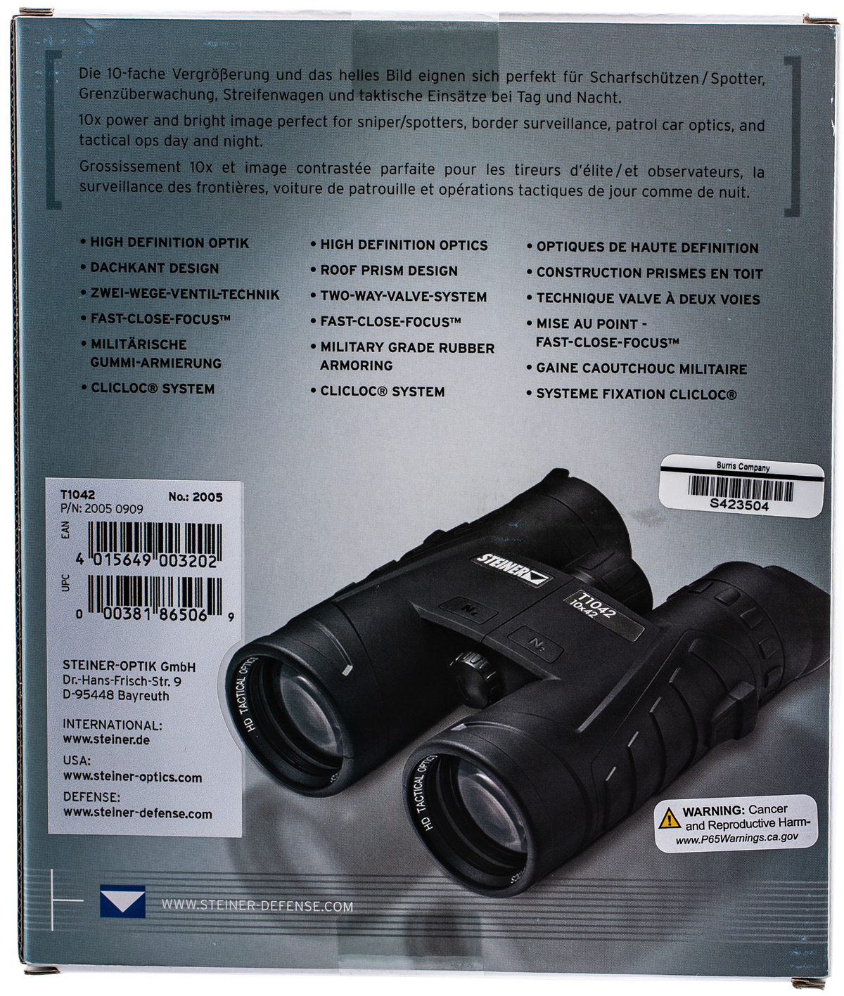 Steiner T1042 Tactical 10x42mm Roof Prism Binoculars - Black Makrolon Rubber Armor — view 3