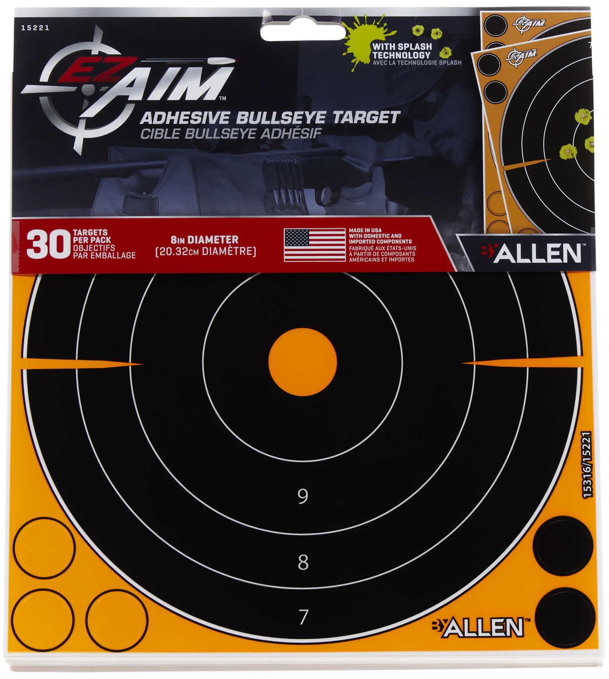 EZ-Aim Splash Reactive 8" Bullseye Self-Adhesive Paper Target Black/Orange - 30 Pack — view 3