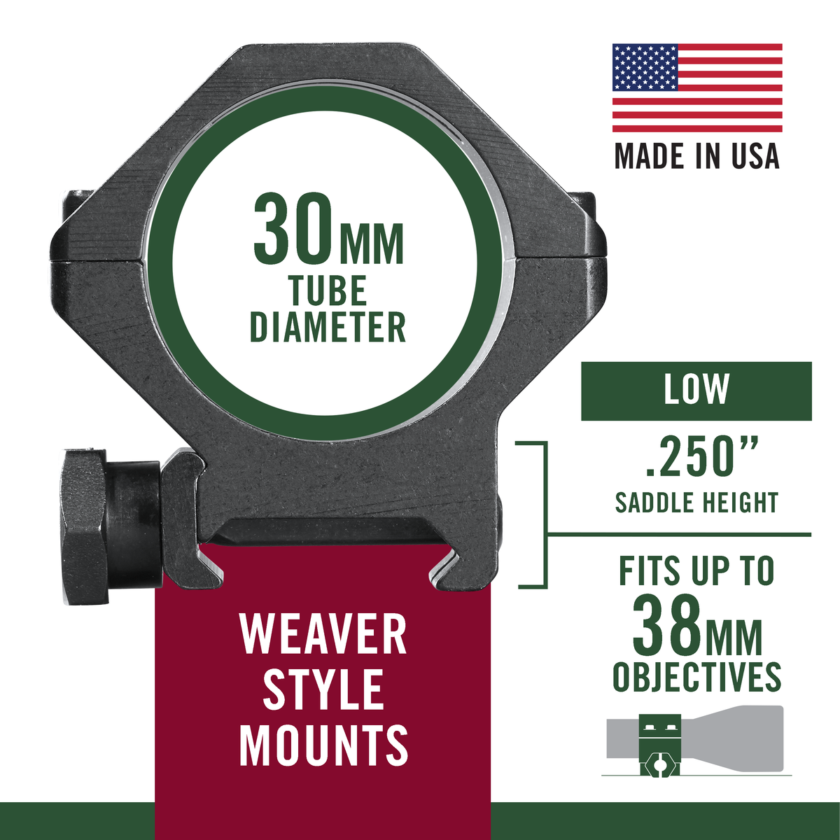 Weaver Mounts 48364 Four-Hole Skeleton Rings 30mm Low Matte Black Aluminum — view 3