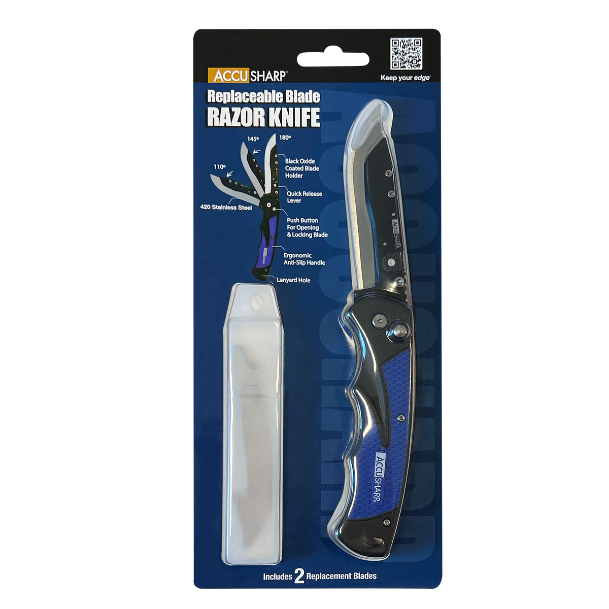 AccuSharp 743C Replaceable Blade Razor 3.50" Folding Plain Stainless Steel Blade - Royal Blue Aluminum Handle — view 3