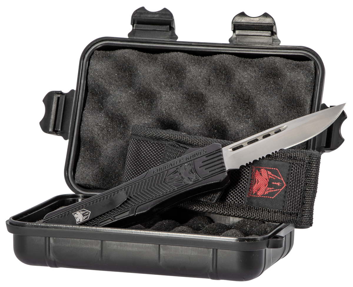 CobraTec Knives CTK-1 Medium 3" OTF Drop Point Part Serrated D2 Steel Black Aluminum Handle — view 3