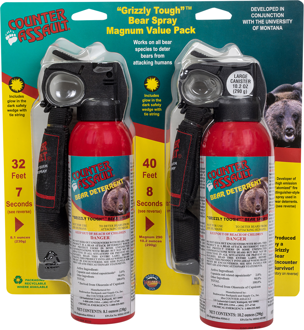 Counter Assault Bear Spray Magnum Pack 8.10 oz / 10.20 oz Capsaicin 32 ft / 40 ft Range w/ 2 Holsters — view 3