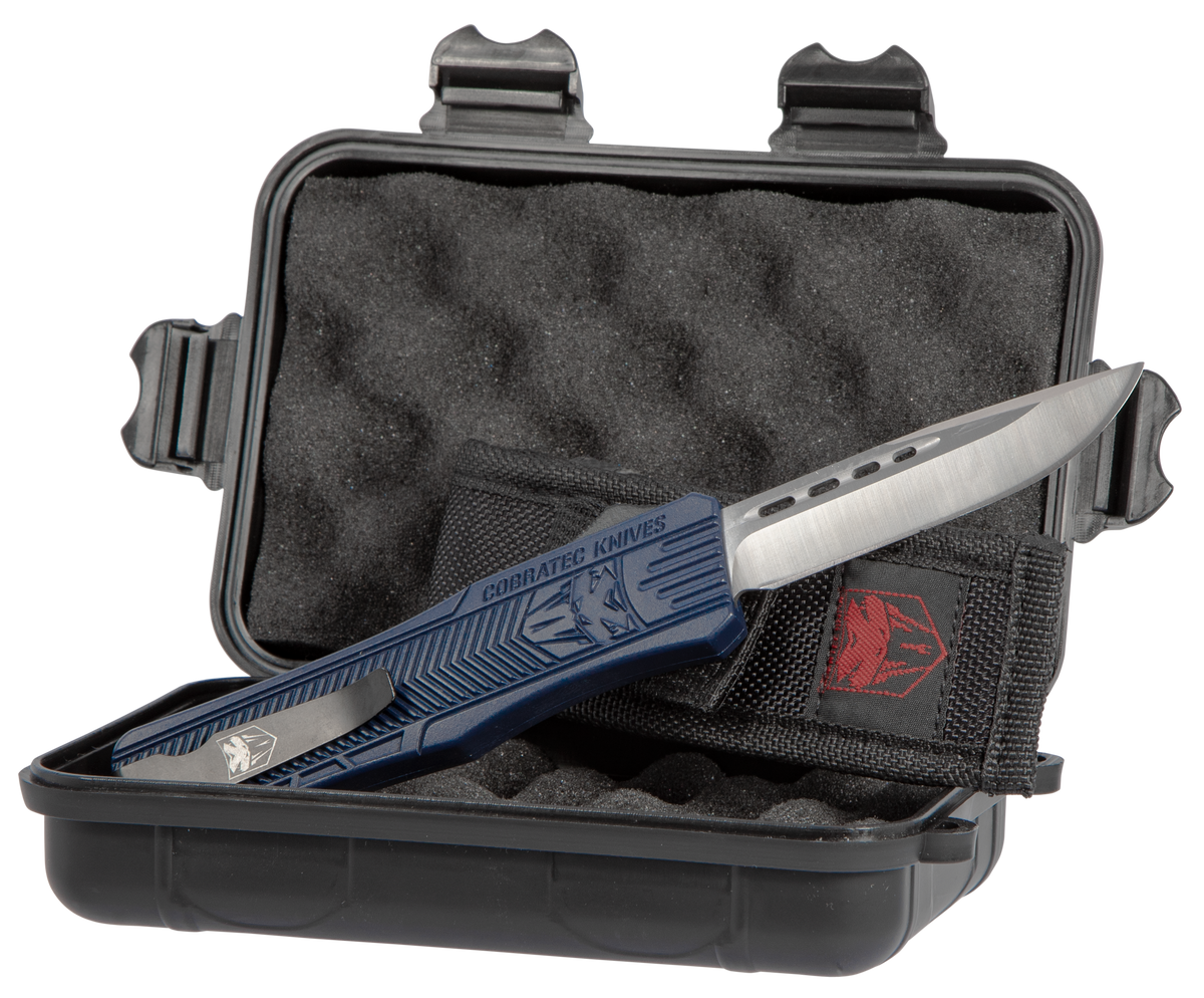 CobraTec Knives CTK-1 Medium 3" OTF Drop Point Plain D2 Blade NYPD Blue Aluminum Handle — view 3