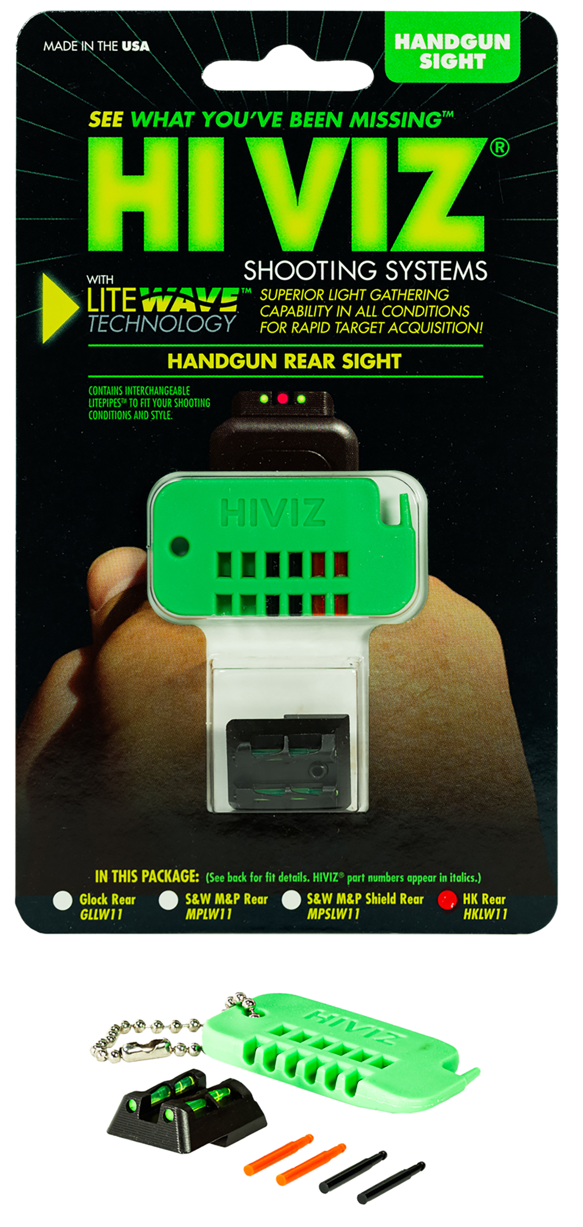 HiViz HKLW11 LiteWave H&K HK45/P30/VP9/VP40 Rear Sight Green/Red Fiber Optic - Black Steel Frame — view 3
