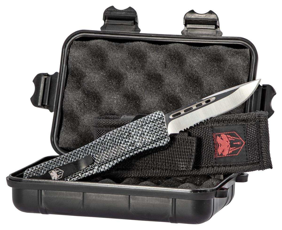 CobraTec Knives CTK-1 Medium 3" OTF Drop Point Part Serrated D2 Steel Carbon Fiber Aluminum Handle — view 3