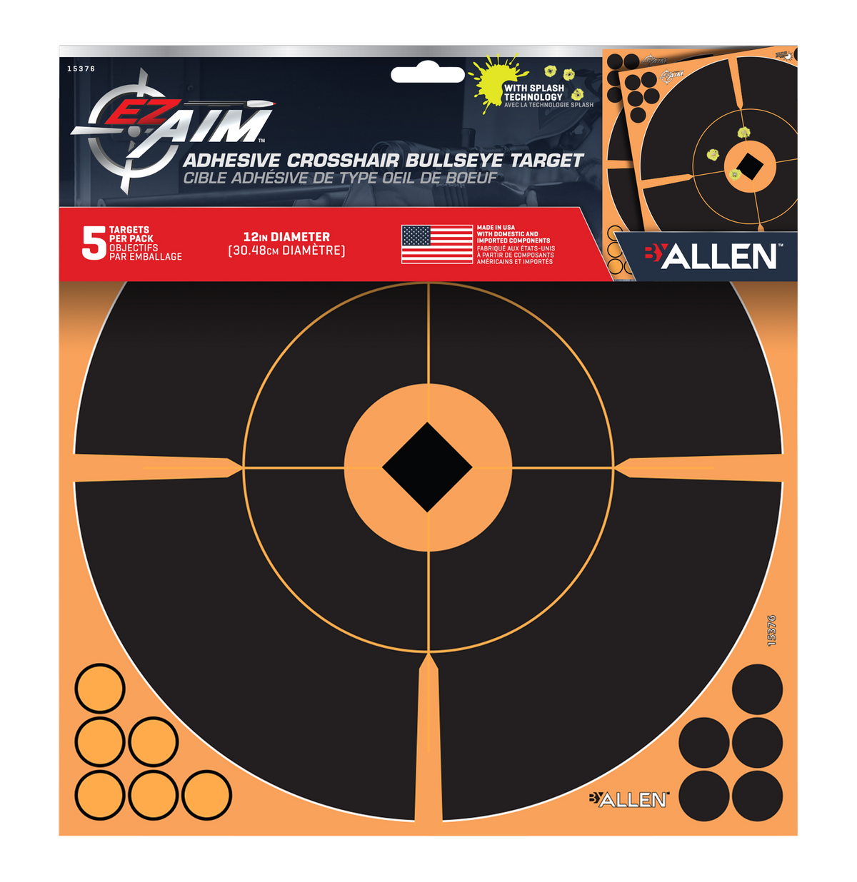 EZ-Aim 15376 Splash Reactive Self-Adhesive Paper Bullseye Target 12" Black/Orange - 5 Pack — view 3