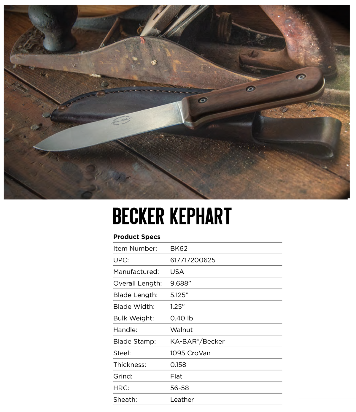 Ka-Bar BK62 Becker Kephart 5.13" Fixed Drop Point Plain Edge 1095 Cro-Van Walnut Handle — view 3