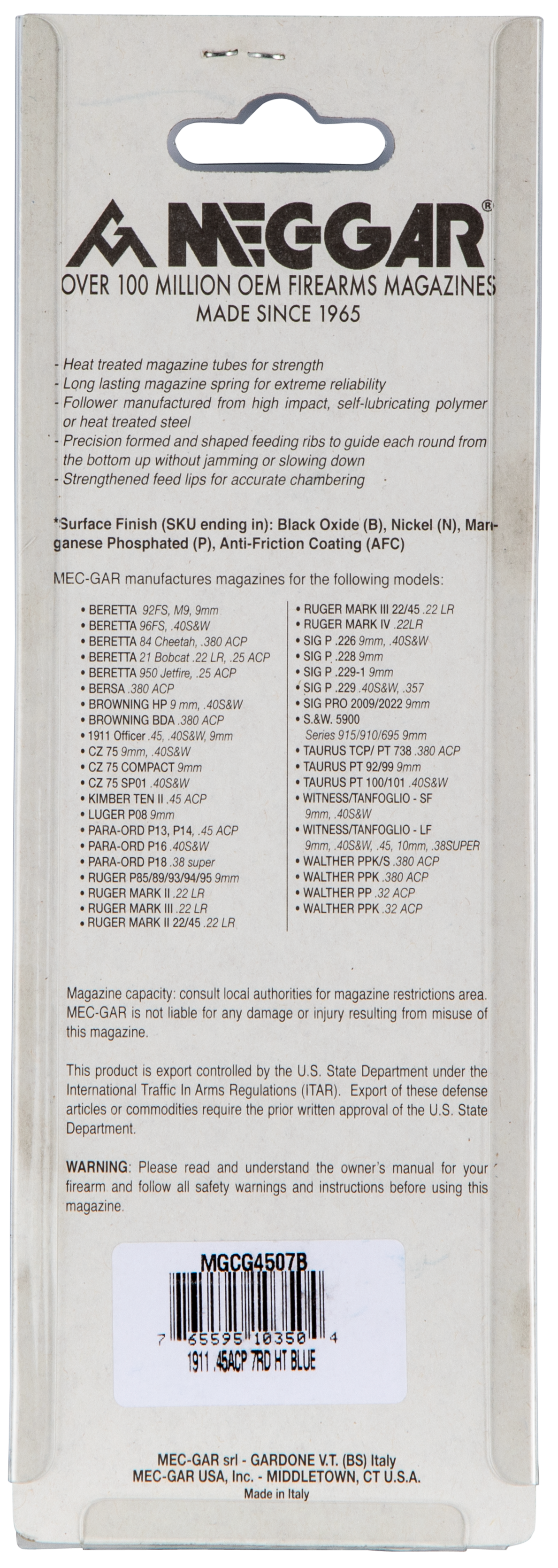 Mec-Gar 1911 Government 45 ACP 7rd Blued Carbon Steel Magazine — view 3