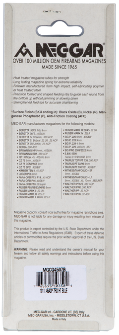 Mec-Gar 1911 Government 45 ACP 7rd Blued Carbon Steel Magazine — view 3