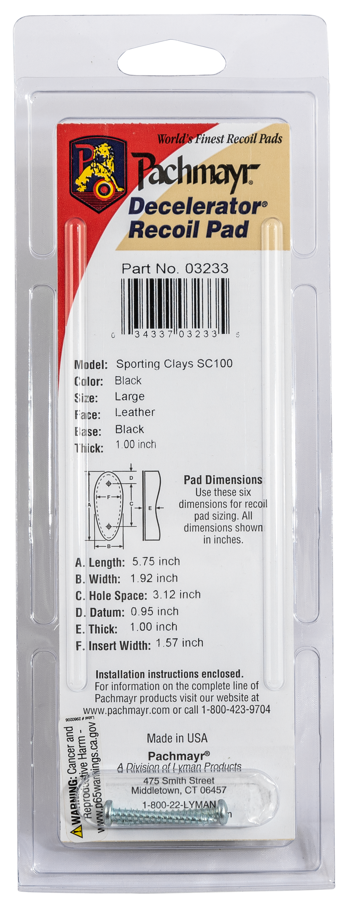 Pachmayr SC100 Decelerator Sporting Clay Recoil Pad Large Black Rubber 1" — view 3