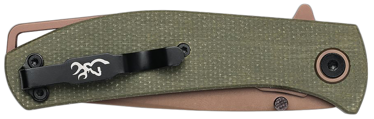Browning Trailside EDC Small 3" Folding Modified Drop Point Plain D2 Titanium Finish - Green Micarta Handle — view 3