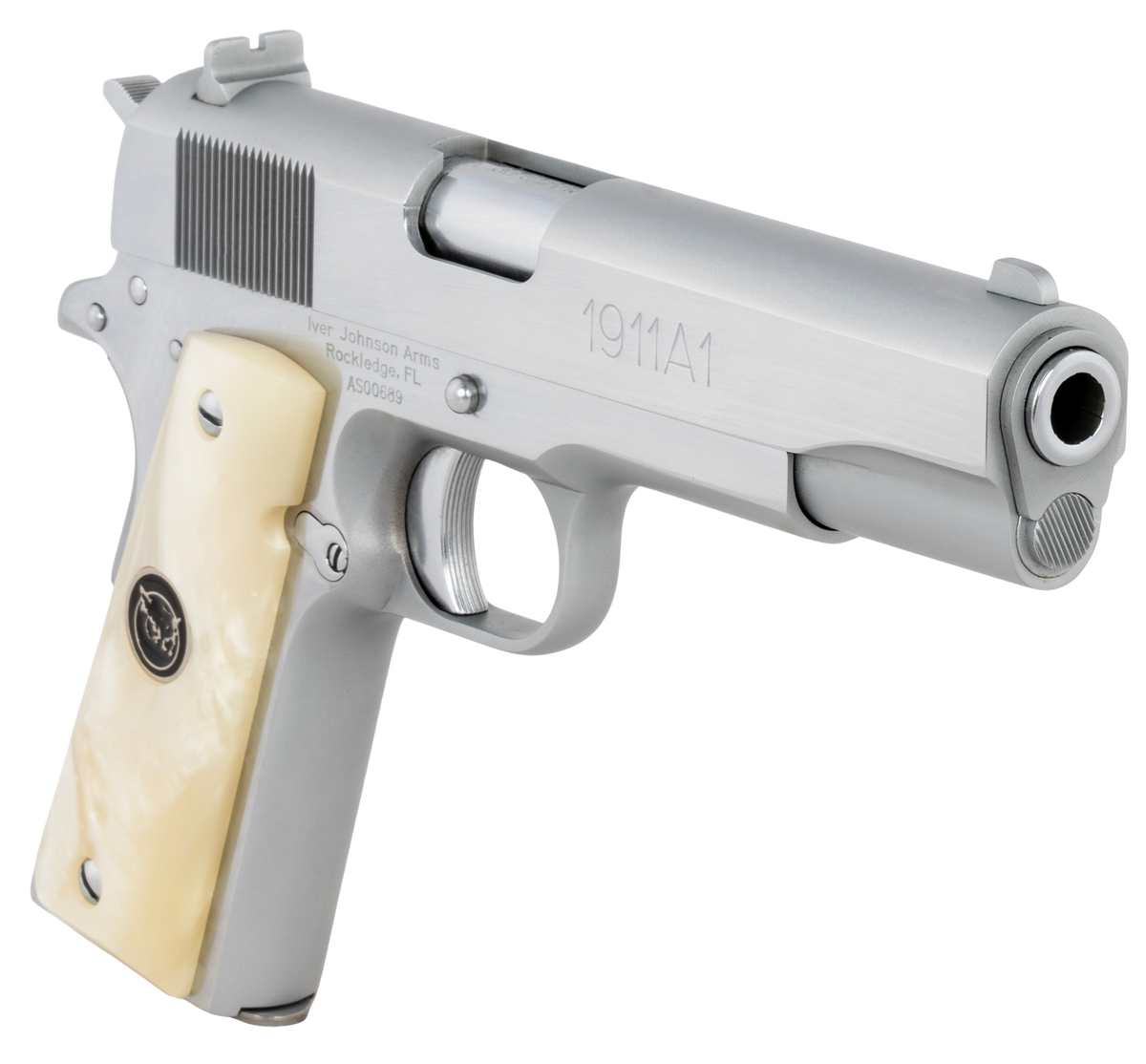Iver Johnson Arms 1911 38 Super 5" 8+1 Semi-Auto Pistol - Chrome/Pearl — view 3