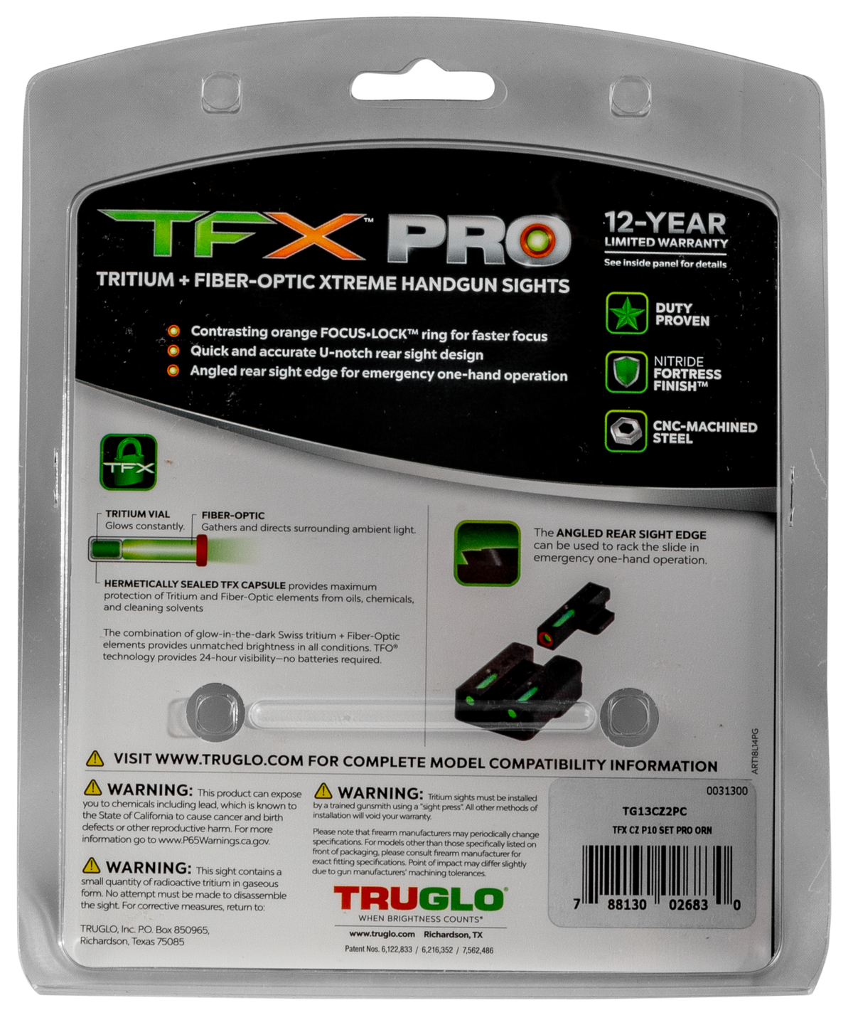 TruGlo TFX Pro CZ P10 Green Tritium Fiber Optic Sight Set — view 3
