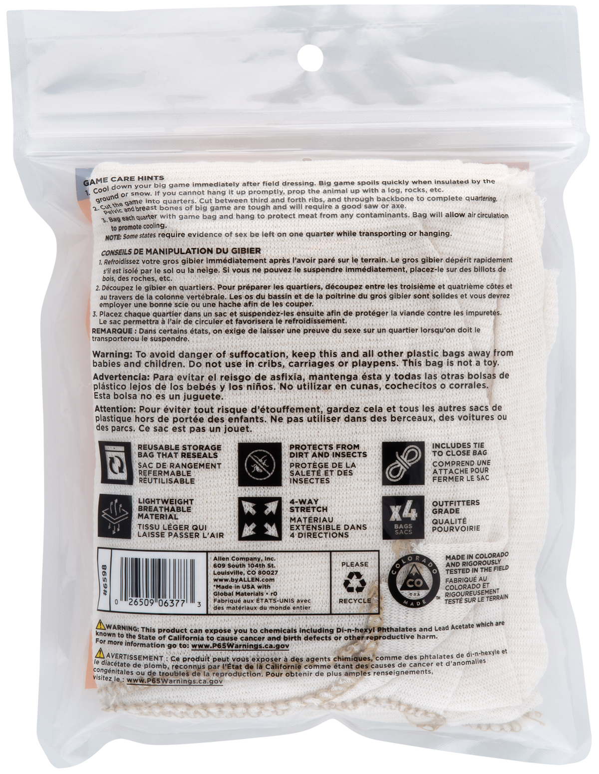 Allen 6598 Colorado Deer Quarter Game Bags Natural Poly Cotton Blend 20 in x 14 in 4-Pack — view 3