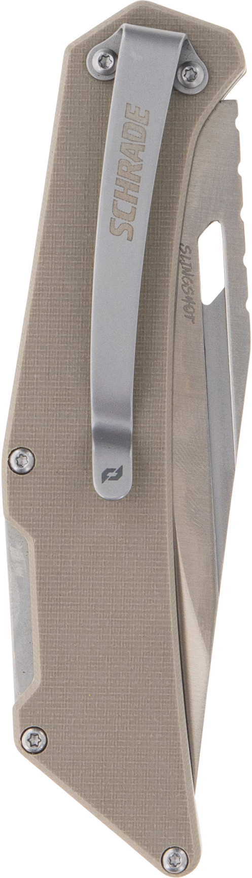 Schrade Slingshot 4" Lockback Folding Recurve Clip Point Satin AUS-10 Blade Tan G10 Handle — view 3
