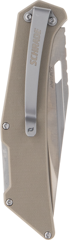 Schrade Slingshot 4" Lockback Folding Recurve Clip Point Satin AUS-10 Blade Tan G10 Handle — view 3