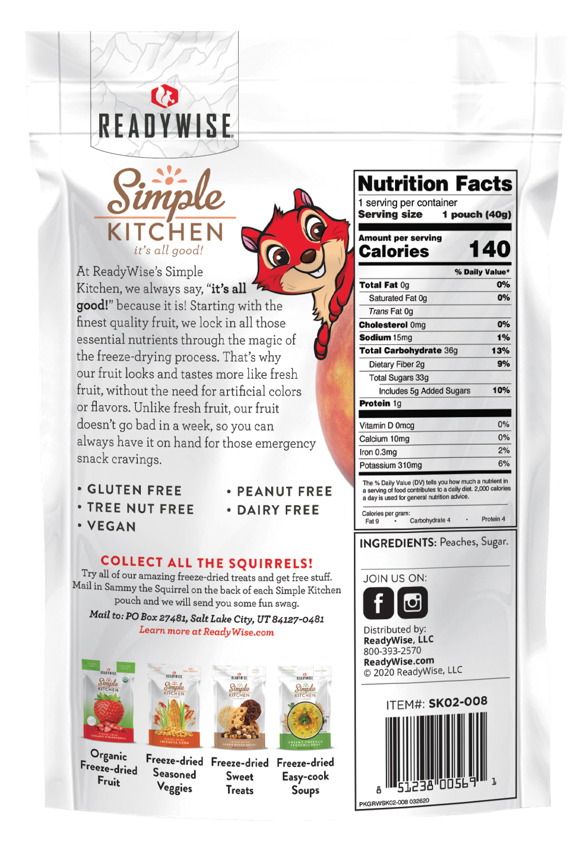ReadyWise Simple Kitchen Freeze Dried Peaches 1 Serving Pouch - 6 Pouch Case — view 3