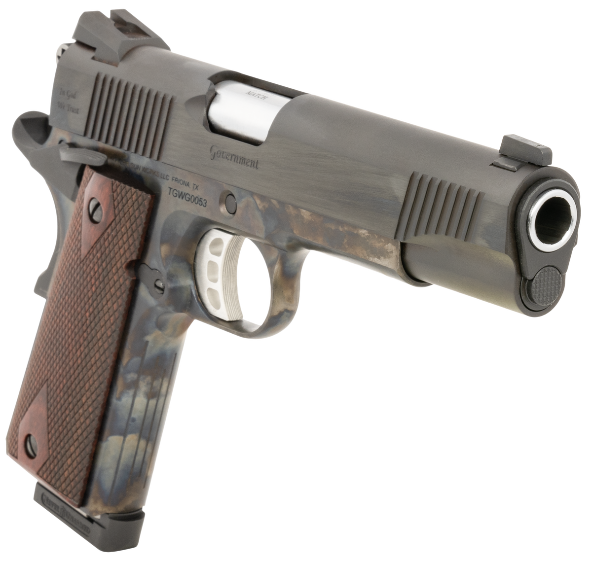 Tyler Gun Works Custom 1911 Government 45 ACP 5" 7+1 Semi-Auto Pistol - Color Case Frame / Blued Serrated Slide — view 3