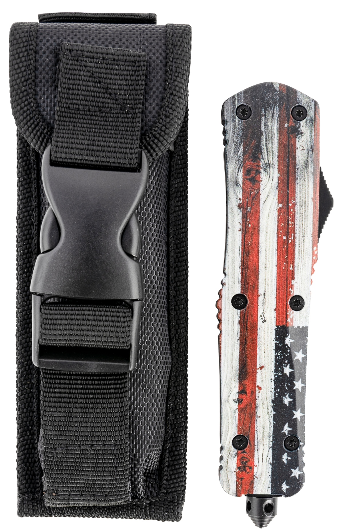 Templar Knife LWUS331 Gen II Wood US Flag Large 3.50" OTF Drop Point Plain Black Oxide Stonewashed 440C Aluminum Handle Glass Breaker — view 3