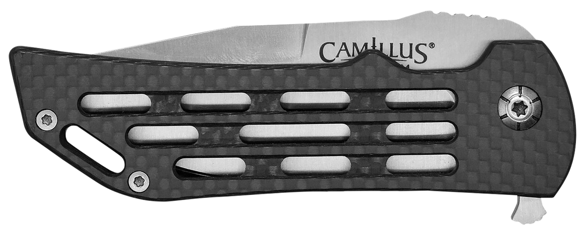 Camillus Dominator II 3" Folding Drop Point Plain Edge 420 Steel Titanium Bonded Knife - Silver Carbon Fiber/SS Handle — view 3
