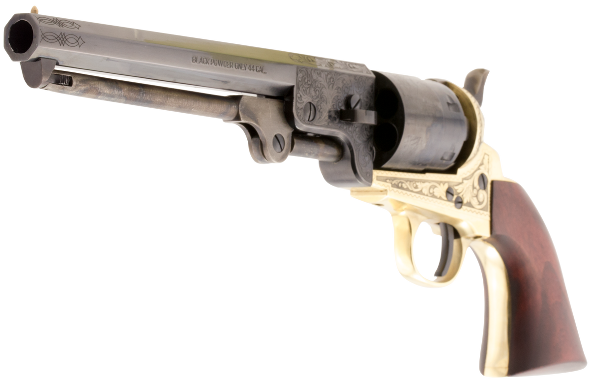Traditions 1851 Navy Break-Open 44 Cal 7.50" 6-Shot Percussion Revolver - Brass Engraved Frame, Blued Cylinder, Walnut Grip — view 3