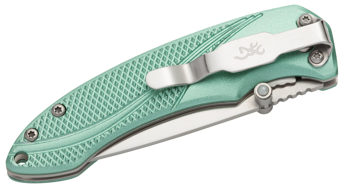 Browning Allure EDC 2.88" Folding Drop Point Plain 7Cr17MoV SS Pocket Knife - Mint Green Aluminum Handle — view 3
