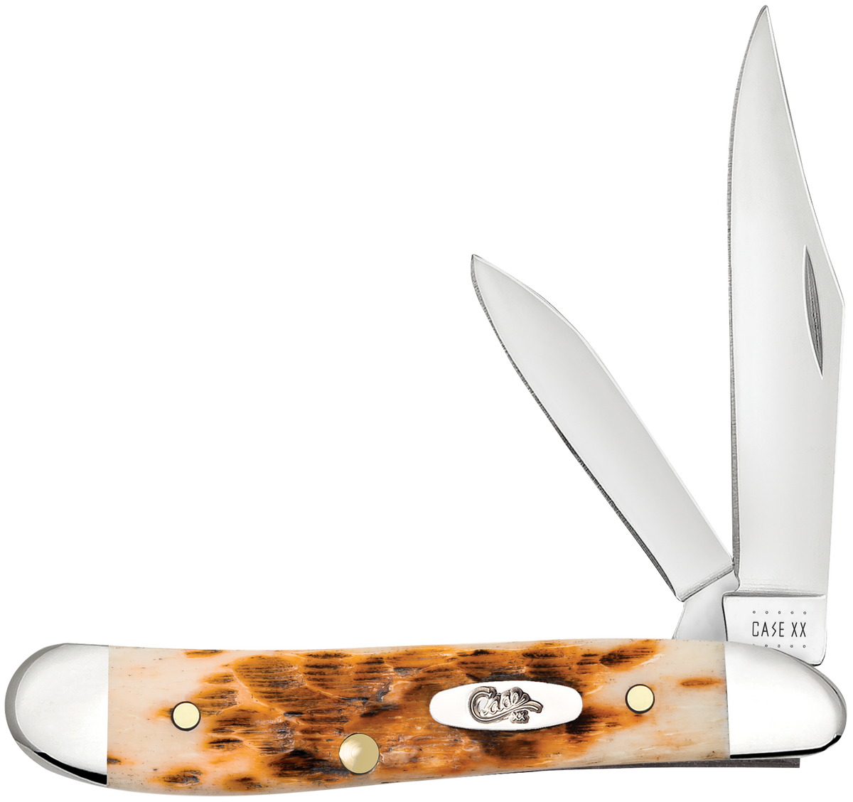 Case Peanut 2.10"/1.53" Folding Clip Point/Pen Plain Tru-Sharp SS Knife - Peach Seed Jigged Amber Bone Handle — view 3