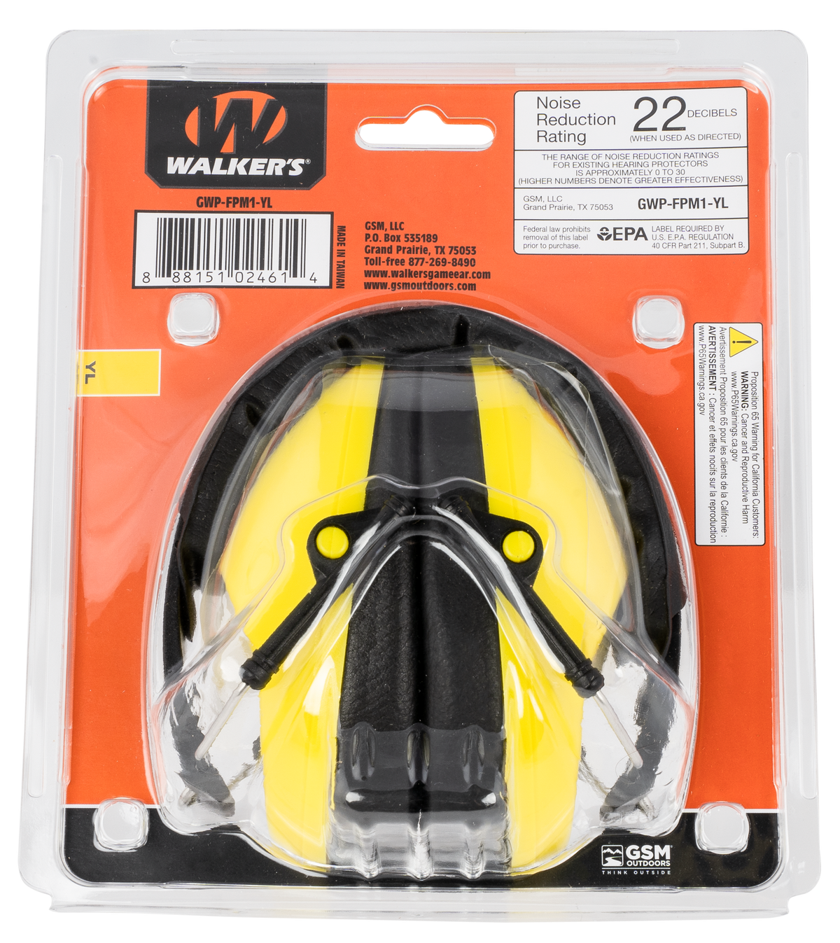 Walkers Game Ear Pro Low Profile Passive Muff 22 dB Over the Head Black/Yellow Polymer — view 3