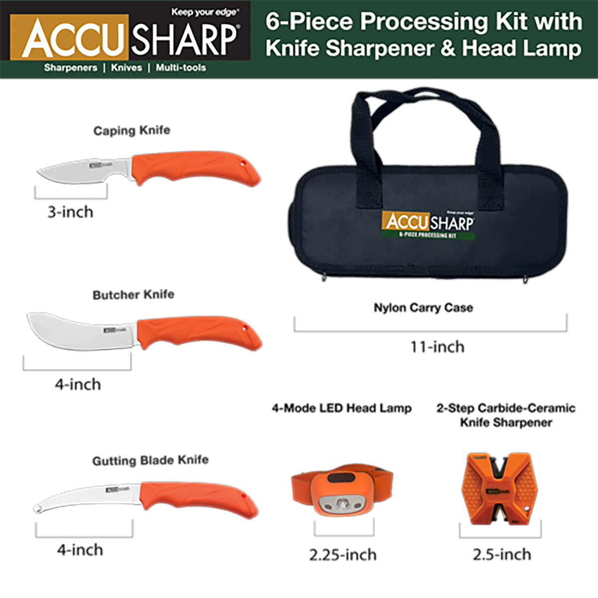 AccuSharp 738C 6-Piece Processing Kit - Fixed Blade Butcher/Caping/Gutting Stainless Steel, Blaze Orange Non-Slip Grip, Nylon Case — view 3