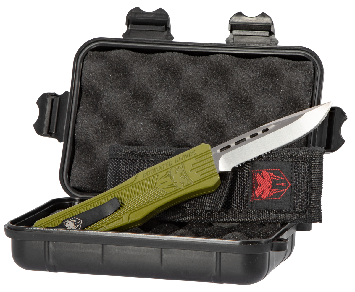 CobraTec Knives CTK-1 Medium 3" OTF Drop Point Part Serrated D2 Steel OD Green Aluminum Handle — view 3