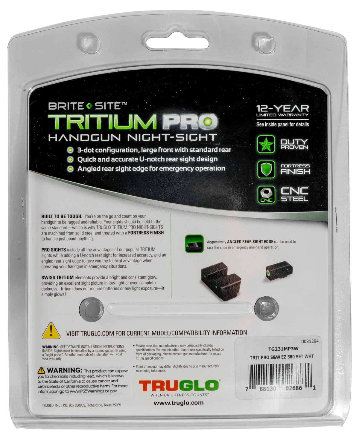 TruGlo Tritium Pro S&W 380 Shield EZ Night Sight Set - Green Tritium / White Outline Front — view 3