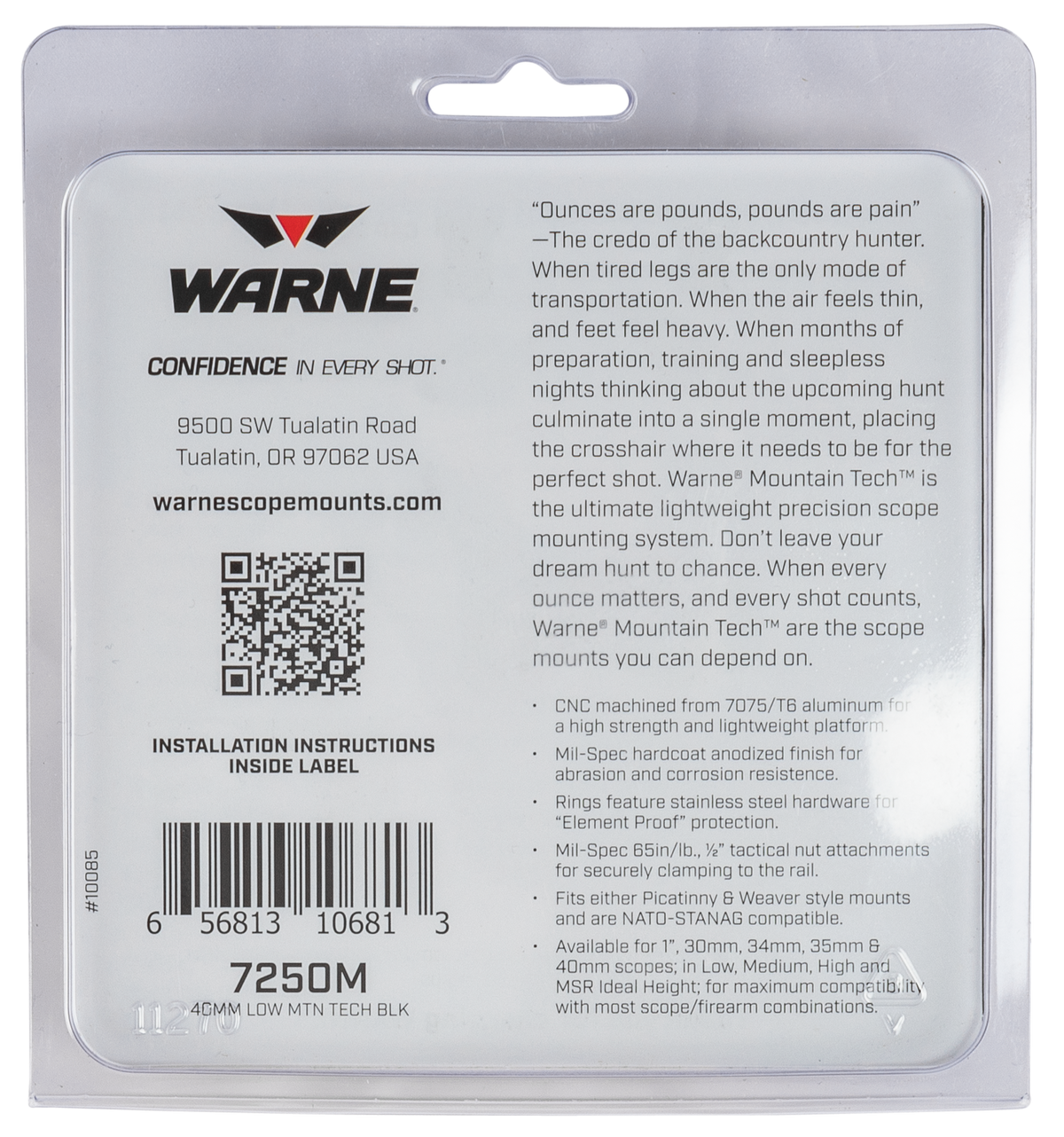 Warne 7250M Mountain Tech 40mm Low 0 MOA Scope Rings - Matte Black — view 3