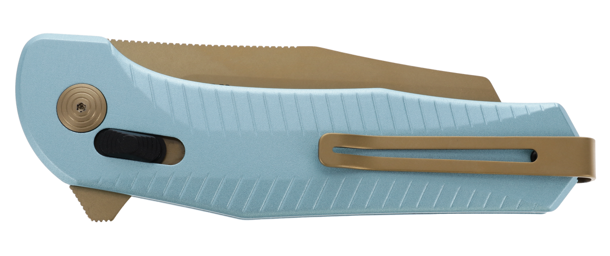S.O.G Diverge XR 3" Folding Sheepsfoot Plain Edge D2 Steel Gold PVD Blade Light Blue Aluminum Handle — view 3