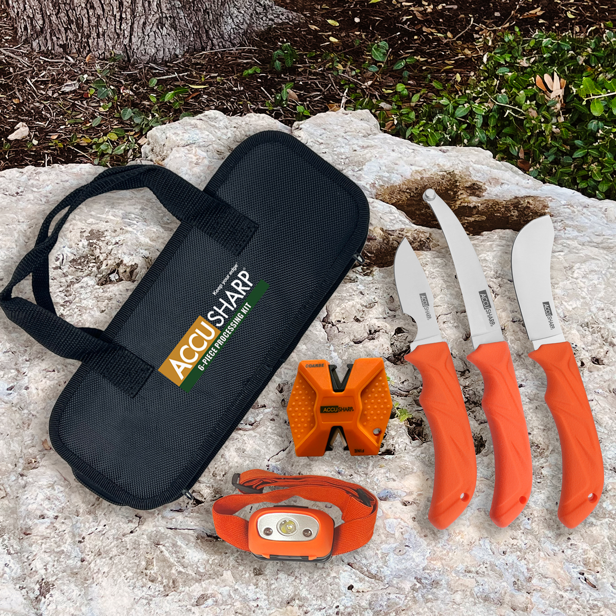 AccuSharp 738C 6-Piece Processing Kit - Fixed Blade Butcher/Caping/Gutting Stainless Steel, Blaze Orange Non-Slip Grip, Nylon Case — view 4