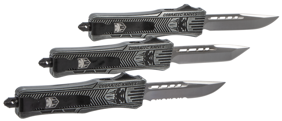 CobraTec Knives CTK-1 Small 2.75" OTF Drop Point Part Serrated D2 Steel Blade Black Stonewashed Aluminum Handle — view 4