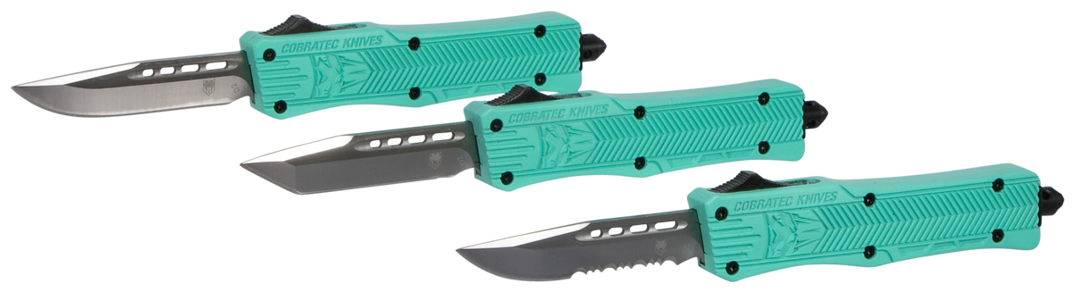 CobraTec Knives CTK-1 Small 2.75" OTF Drop Point Plain D2 Steel Tiffany Blue Aluminum Handle — view 4