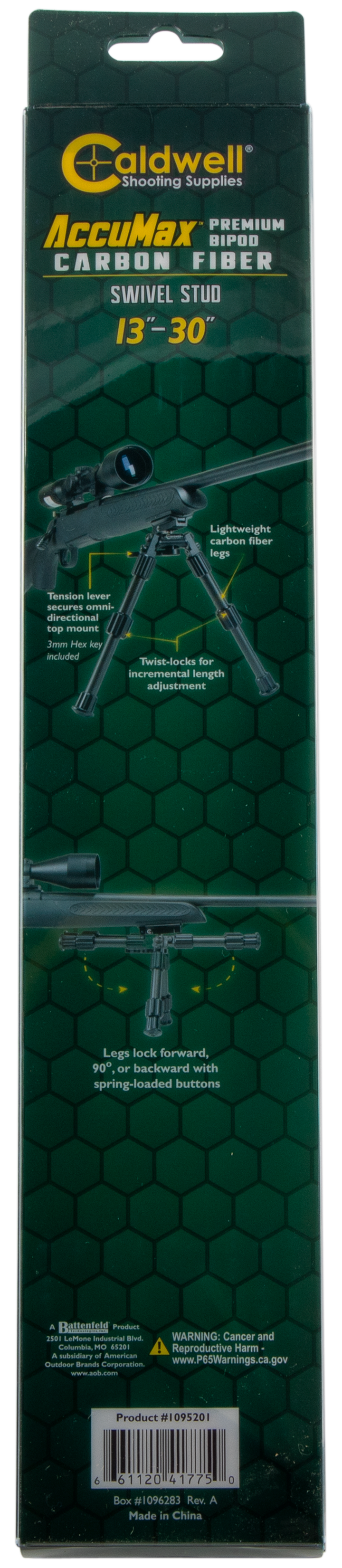 Caldwell Accumax Premium Carbon Fiber Bipod 13-30" Swivel Stud Black — view 4