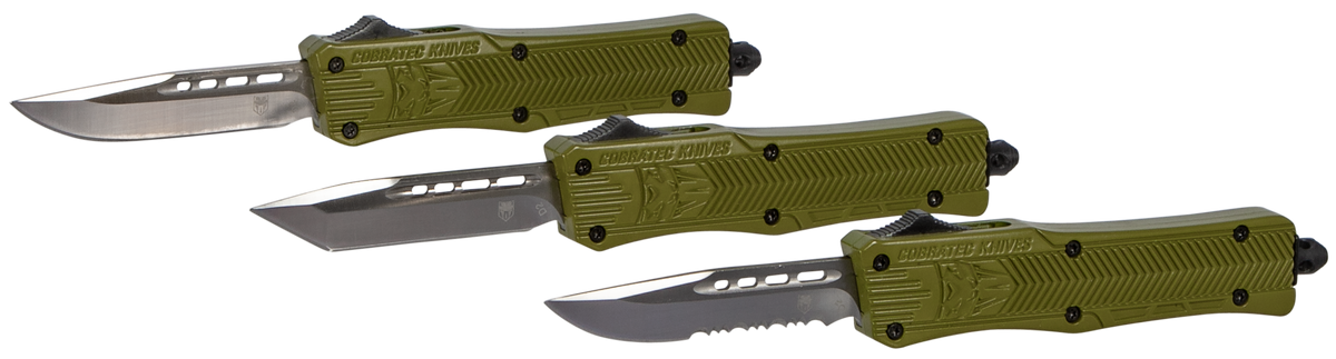 CobraTec Knives CTK-1 Small 2.75" OTF Drop Point Part Serrated D2 Steel OD Green Aluminum Handle — view 4