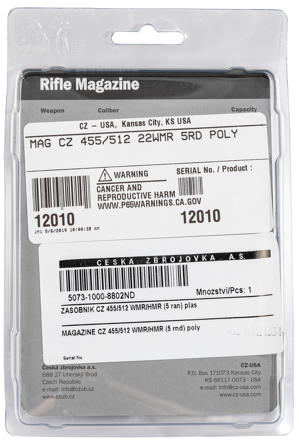 CZ 12010 CZ 455 22 WMR 5-Rd Black Polymer Magazine — view 4