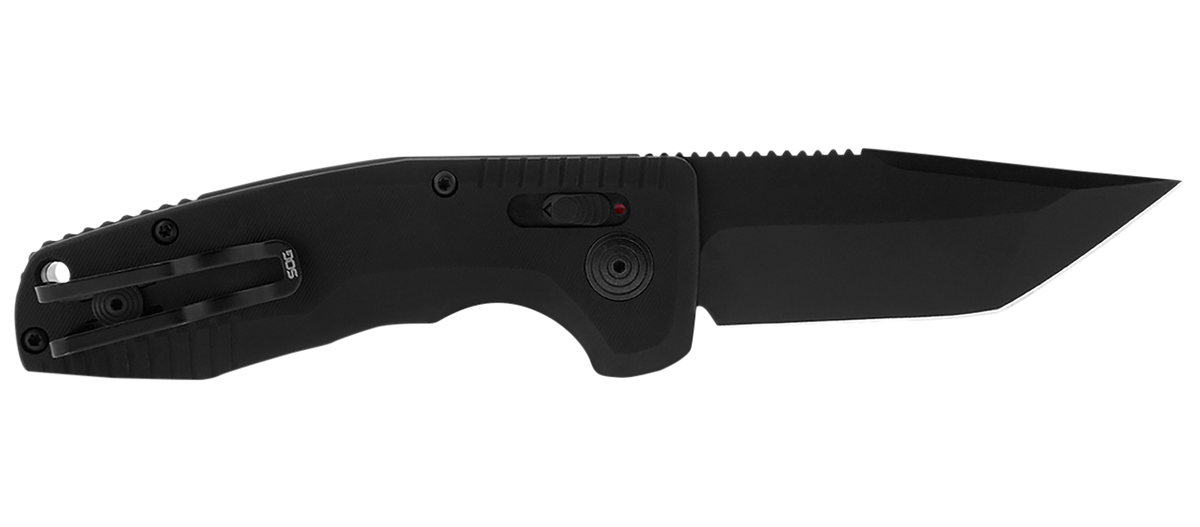 S.O.G SOG-TAC Auto Compact 2.94" Folding Tanto Part Serrated Black TiNi D2 Aluminum Handle